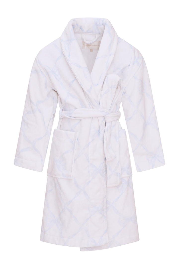 Kids cotton bath robe, light blue diamond quilting, hood and belt tie