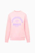 Pink crewneck pullover sweatshirt with heart and sorority logo graphic