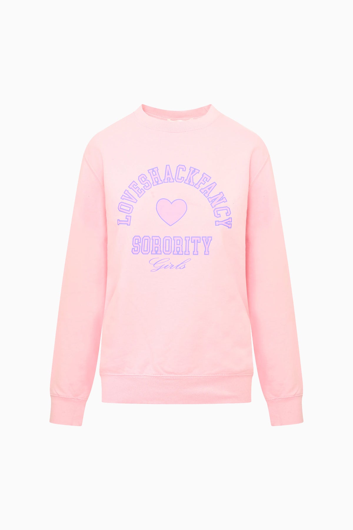 Pink crewneck pullover sweatshirt with heart and sorority logo graphic