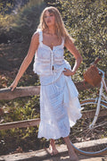Tiered midi skirt with textured embroidered bands and ruffle layers