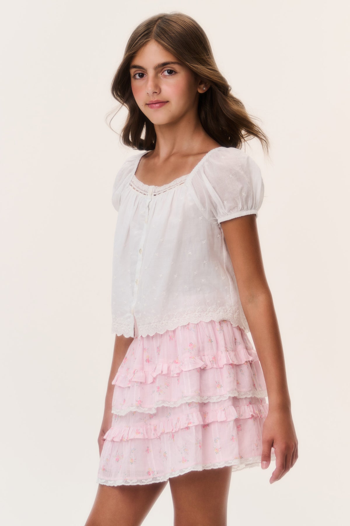 Tween tiered ruffle floral skirt with pink and white layers