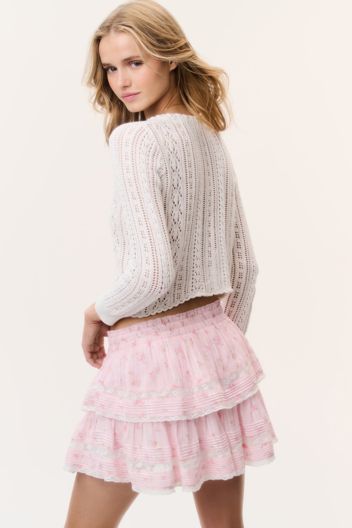 White cotton crochet cardigan with textured back pattern, long sleeves