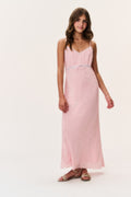 Tween floral crepe dress in light pink with spaghetti straps and gathered waist detail