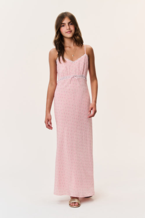 Tween floral crepe dress in light pink, front view, spaghetti straps and full maxi skirt