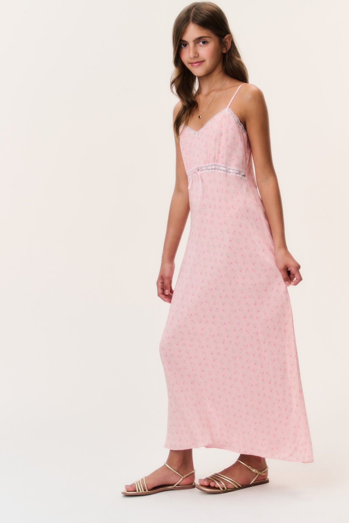 Tween floral crepe dress in light pink, scoop neckline bodice and flowing maxi skirt