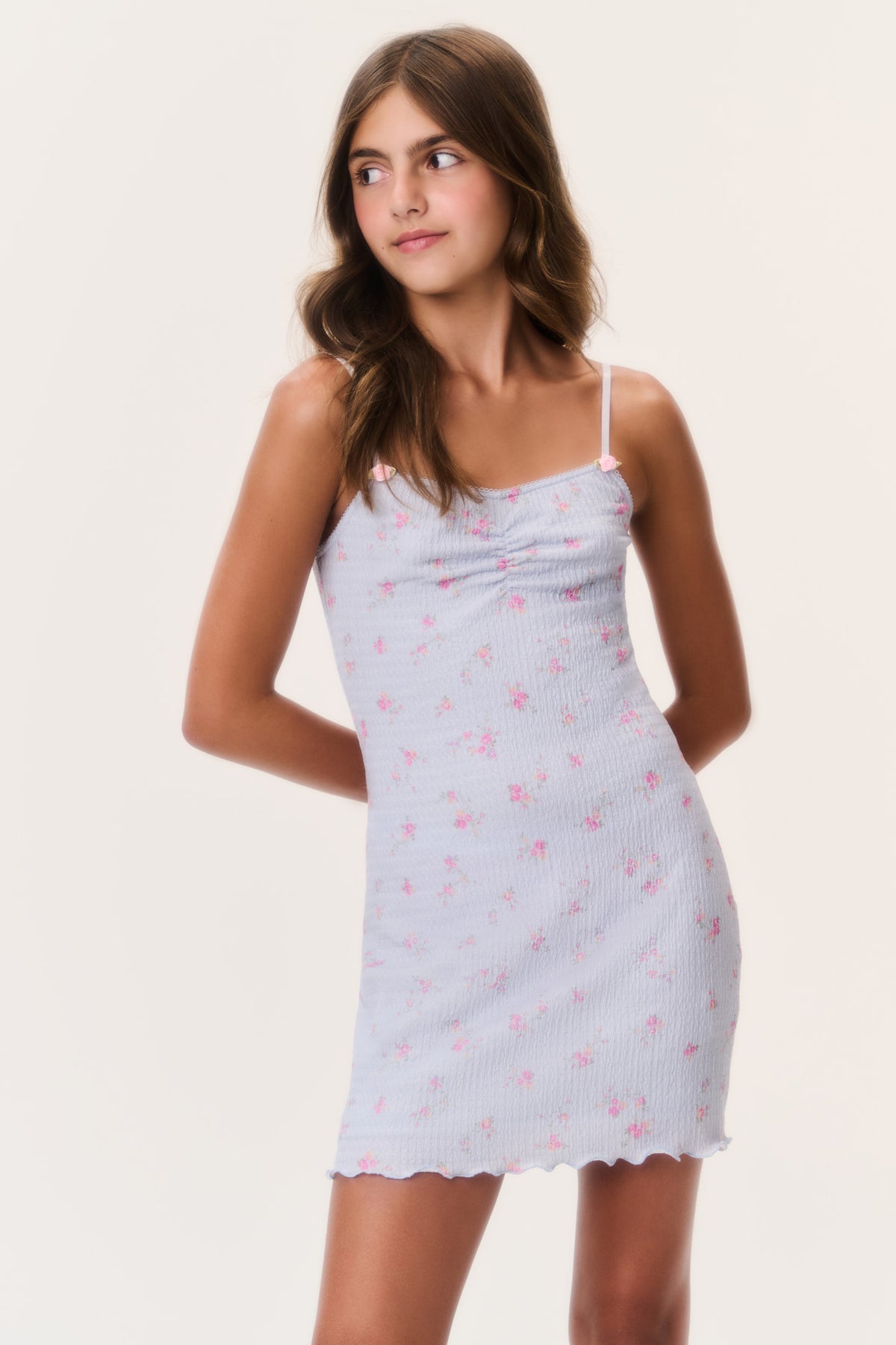 Tween light blue floral jersey slip dress with spaghetti straps and scalloped hem