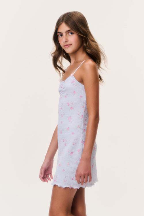 Tween light blue floral jersey slip dress, thin straps, scalloped hem detail