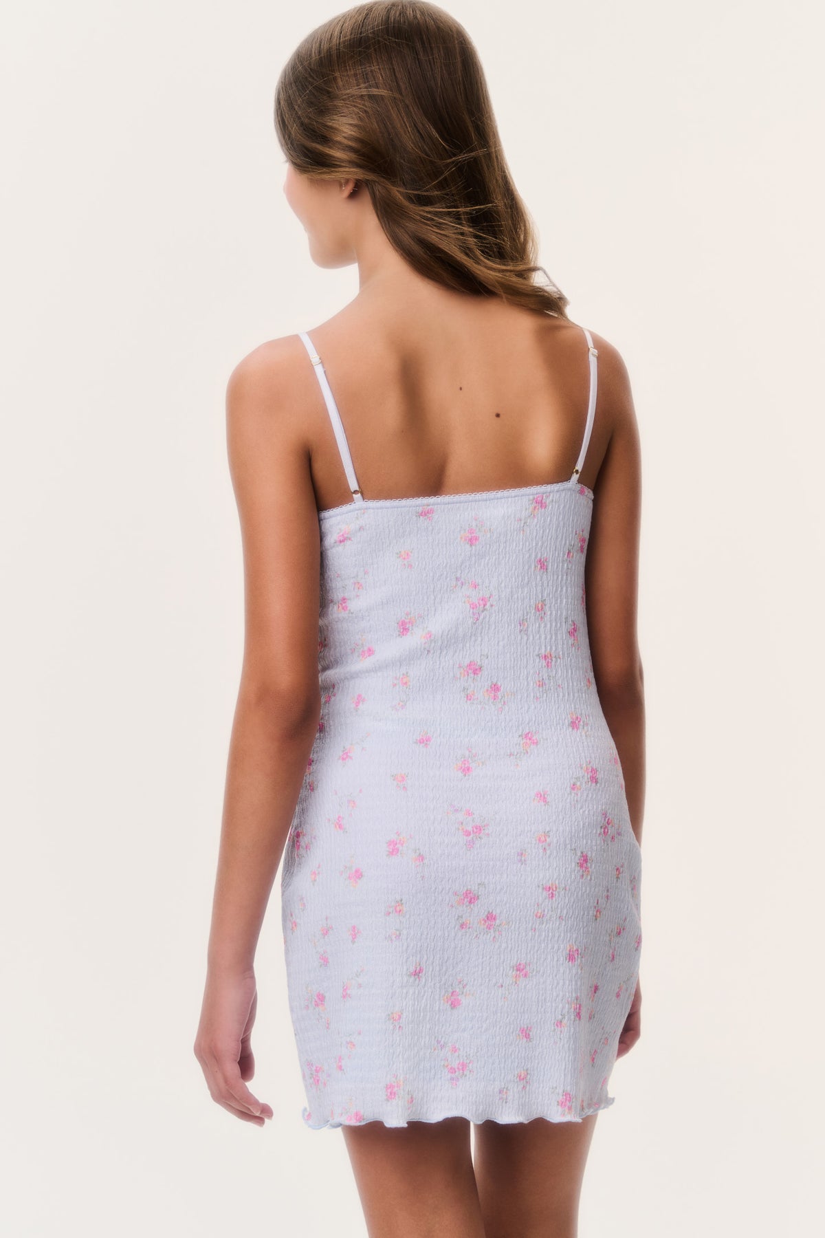 Tween light blue floral jersey slip dress, spaghetti straps, back view