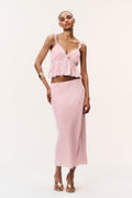 Pink crepe midi skirt with front slit and tiny print