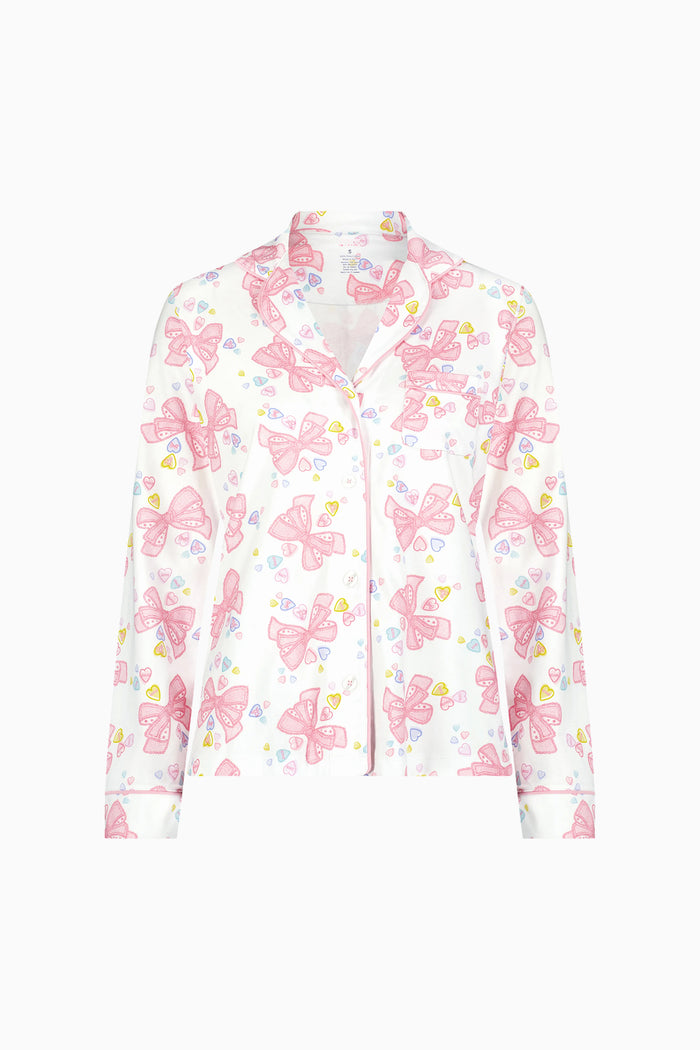 Women's long-sleeve pajama top in pink-and-white bow print with button front - Customized