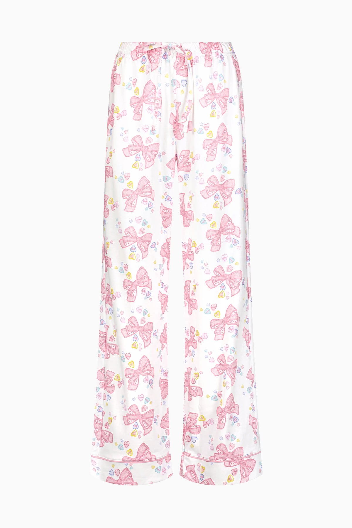Women's pajama pants in pink-and-white bow print with elastic waist