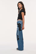 Black lace stretch tee with short sleeves, worn with blue jeans