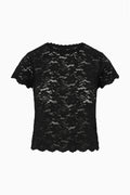 Black lace stretch tee with short sleeves and scalloped crew neckline