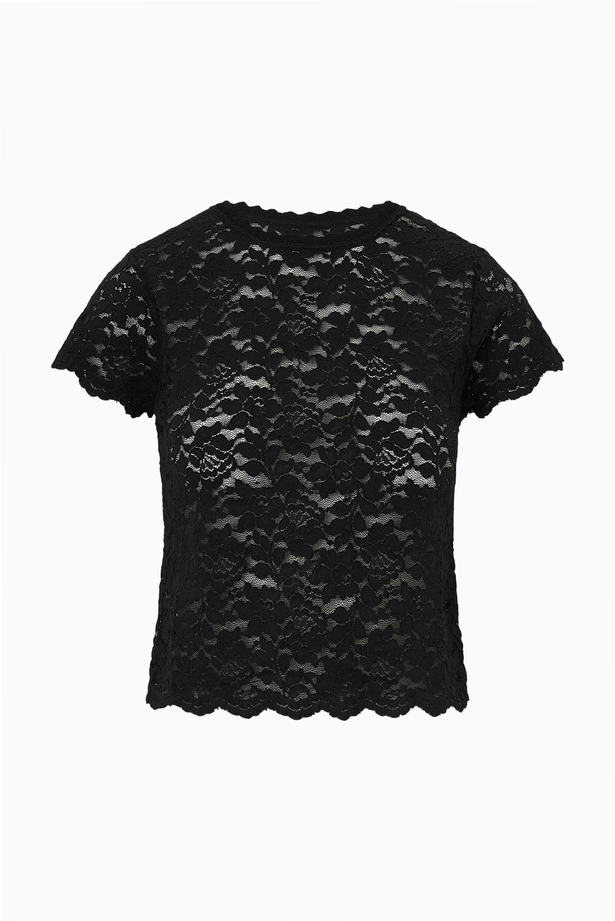 Black lace stretch tee with short sleeves and scalloped crew neckline