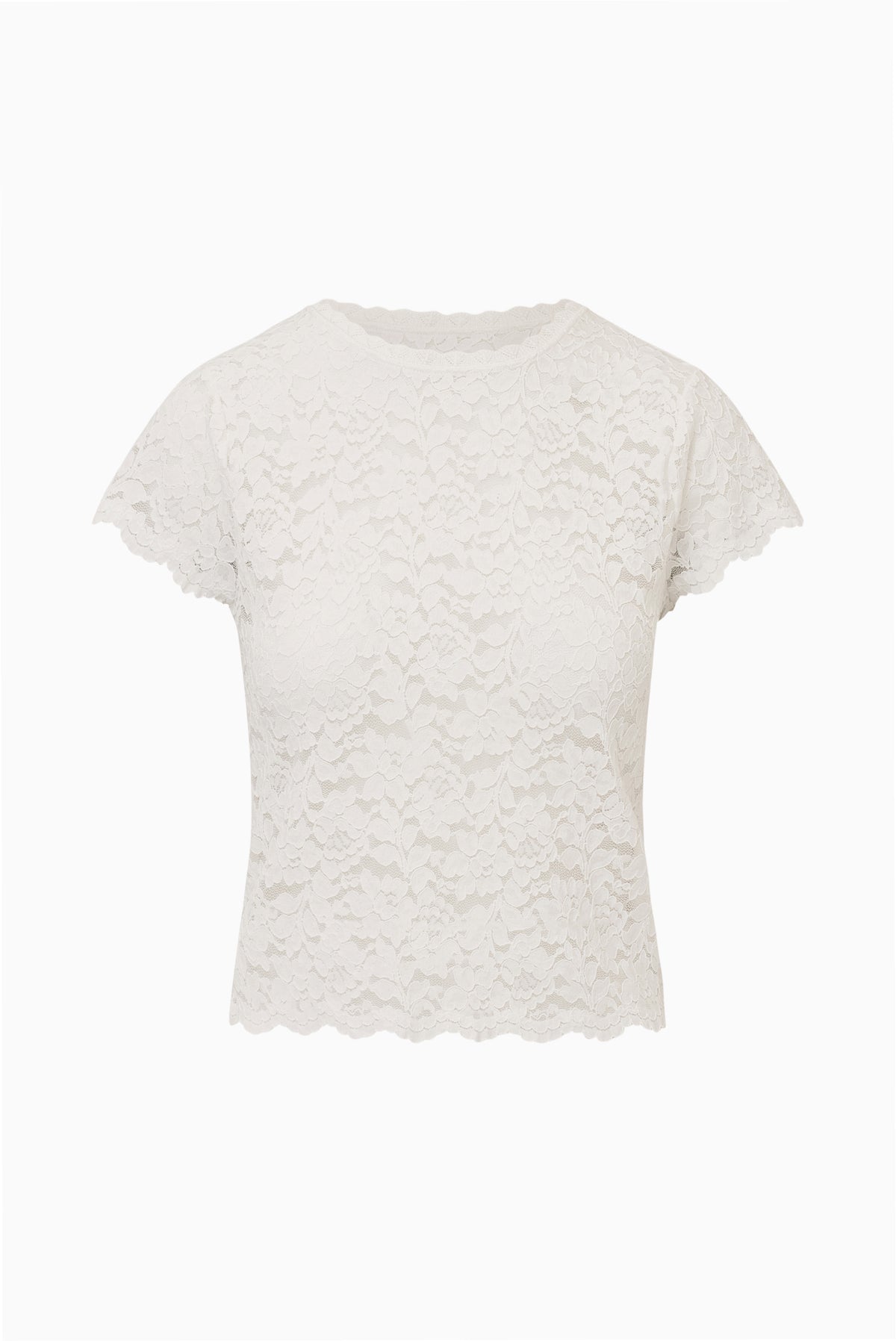 Ivory lace stretch tee with short sleeves and scalloped crew neckline