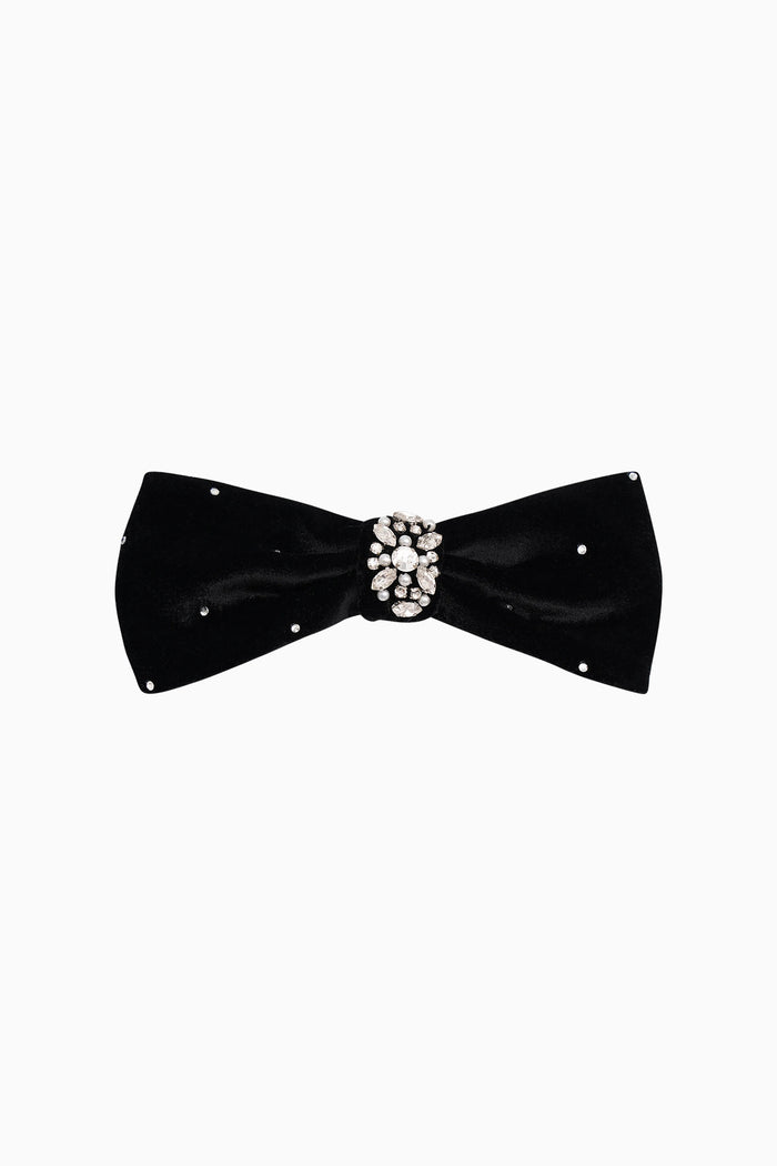 Embellished black hair bow with rhinestone flower center