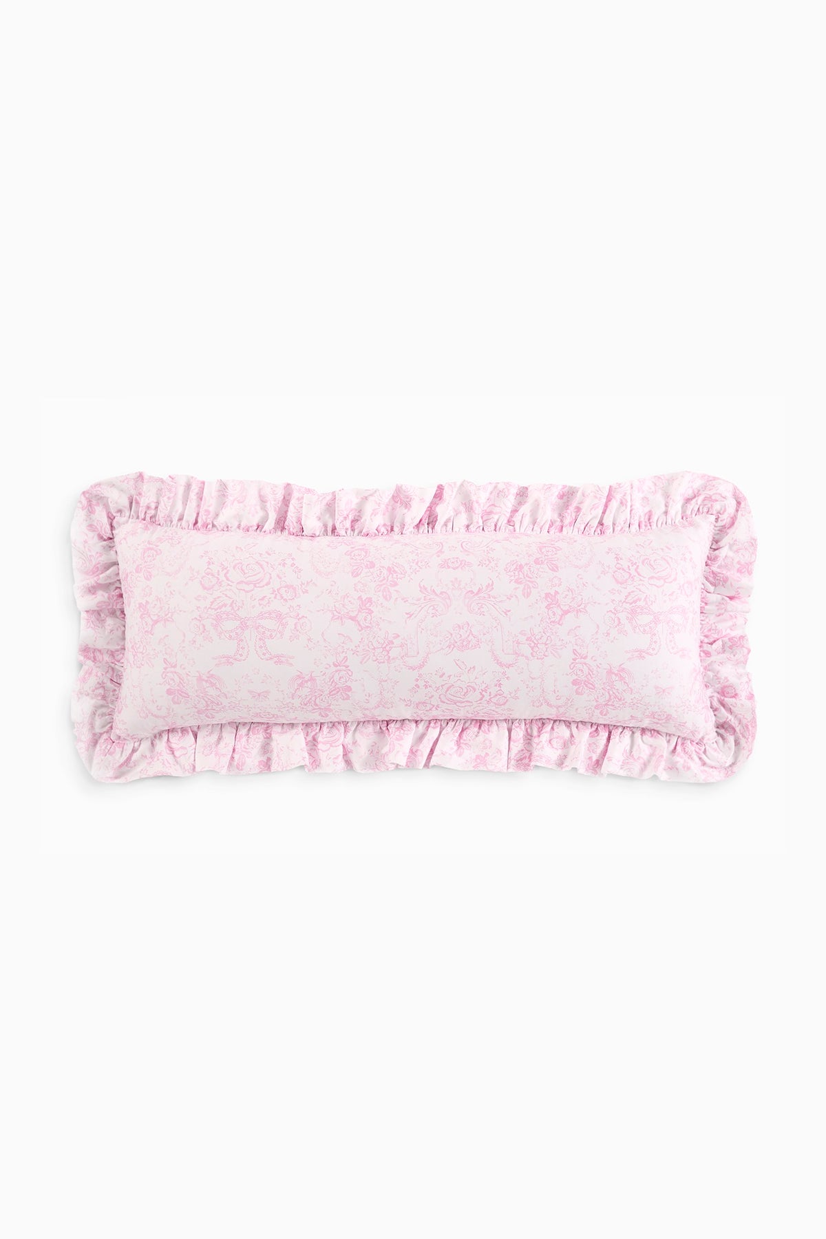 Pink toile ruffle lumbar pillow with gathered ruffled edge