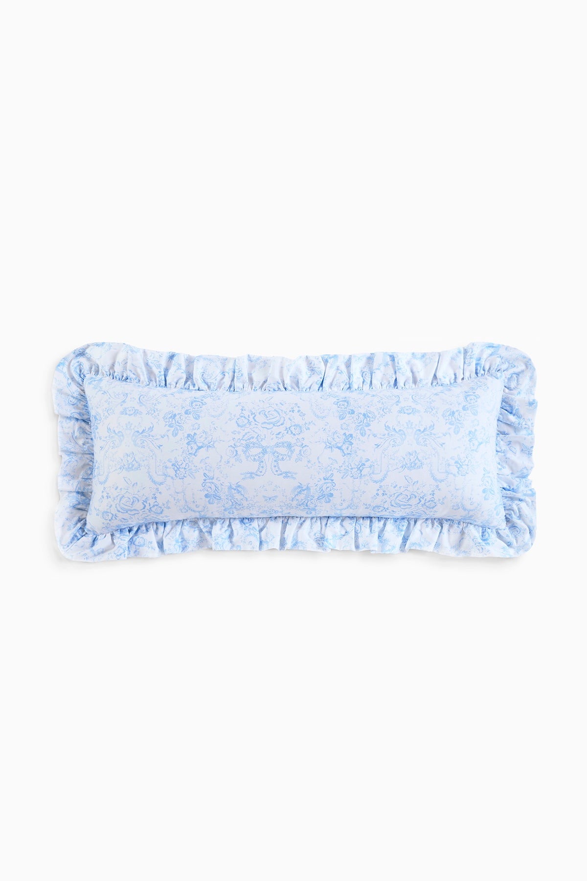 Blue toile ruffle lumbar pillow with gathered ruffled edge