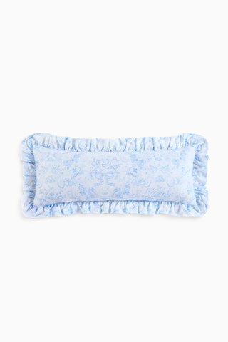 Blue toile ruffle lumbar pillow with gathered ruffled edge