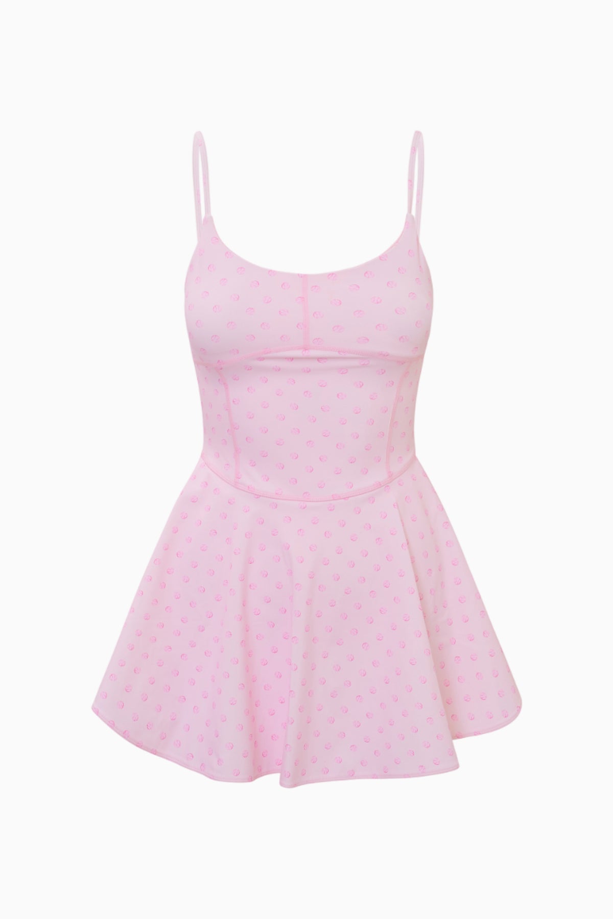 Pink printed active dress with spaghetti straps and flared skirt
