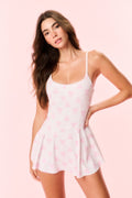 Pink printed active skater dress with spaghetti straps and flared hem