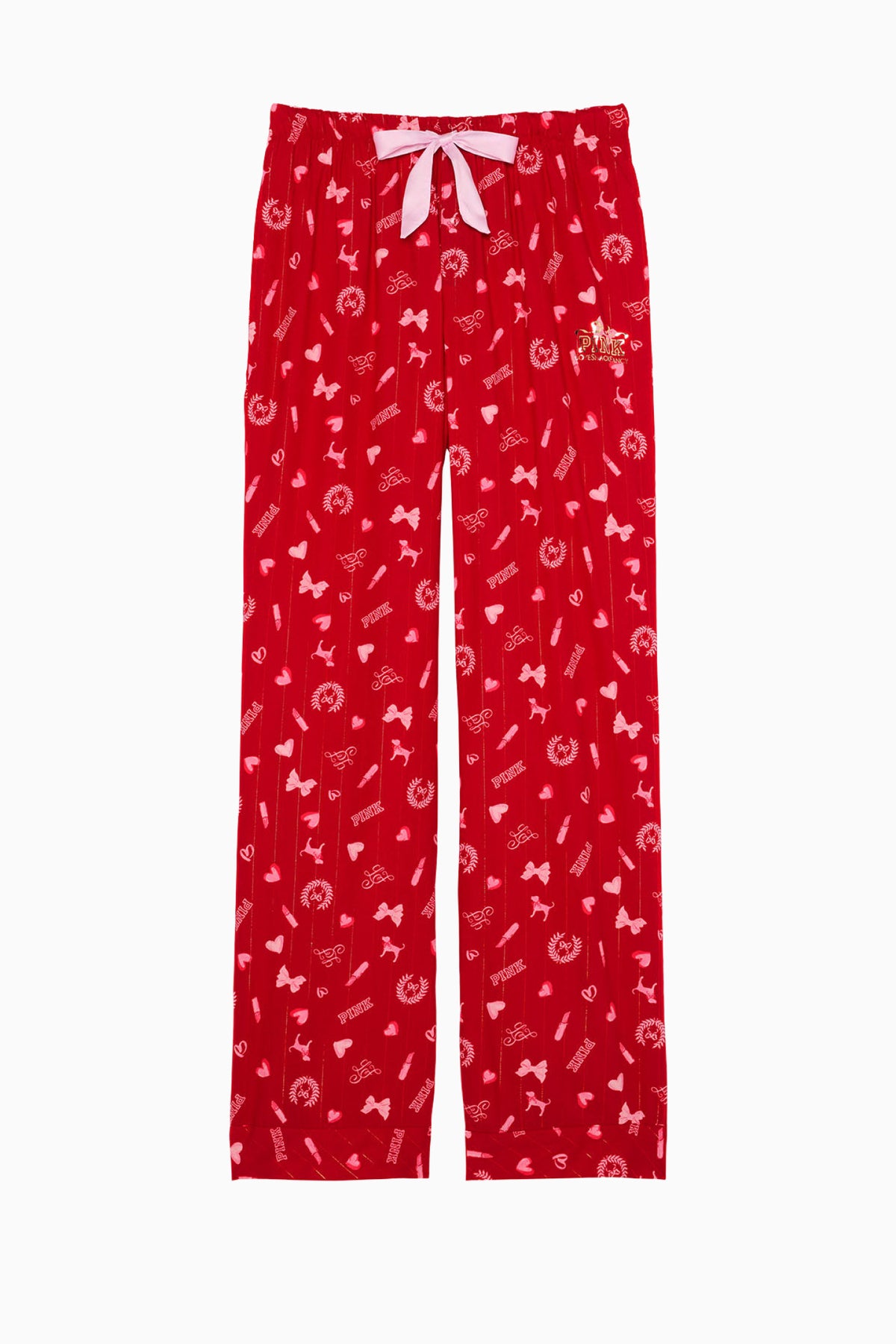 Red flannel pajama pants with bow drawstring, allover heart pattern, center button placket