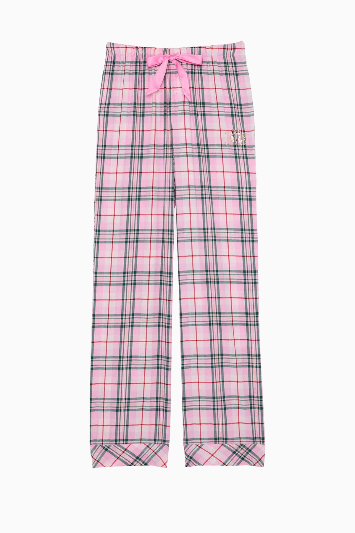 Pink plaid pajama pants with drawstring waist, straight leg, and pocket detail