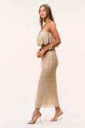 All-over sequin maxi skirt in sand tone with fitted, ankle-length cut