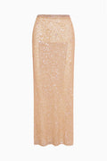 Sand sequin maxi skirt, straight ankle-length hem, full coverage sparkle