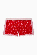 Red icon-print boxy shorts with lace-trim hem and elastic waist