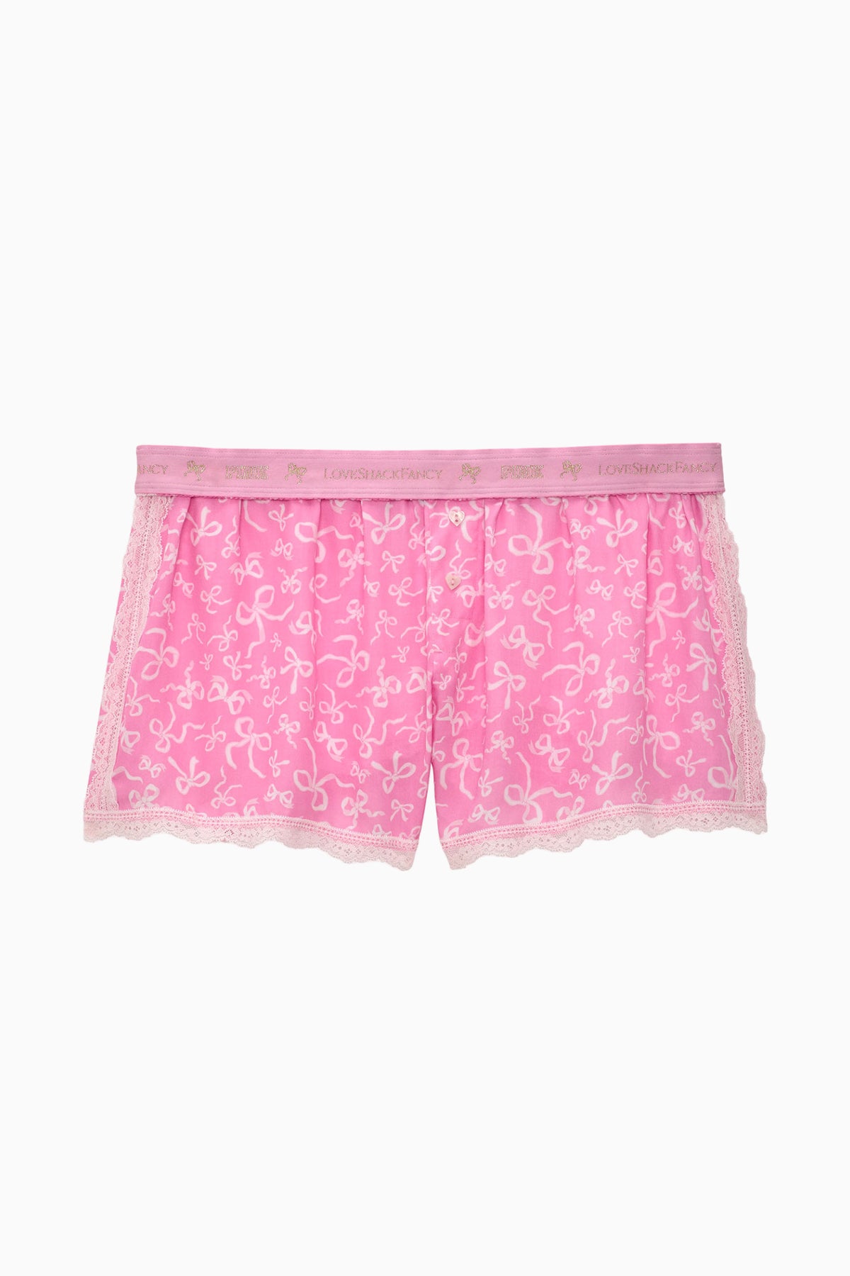 Pink bow-pattern boxy shorts with lace-trim hem and elastic waist