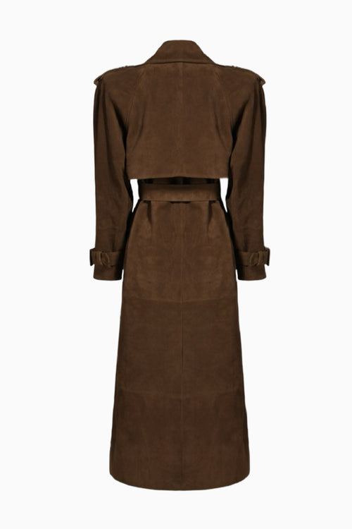 Brown suede trench coat with back yoke and waist belt, long sleeves, knee-length