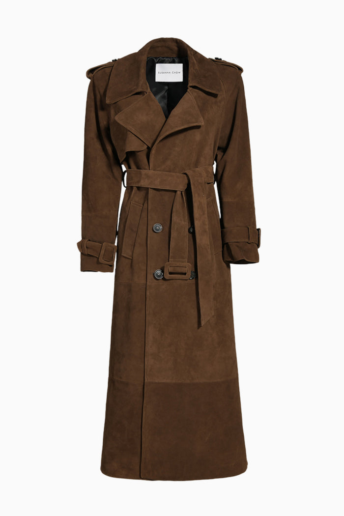 Brown suede trench coat with lapels, front button placket, waist belt, long sleeves