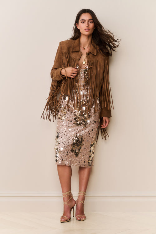 Tan suede fringe jacket with pointed collar and full-length hanging fringe on front and sleeves.