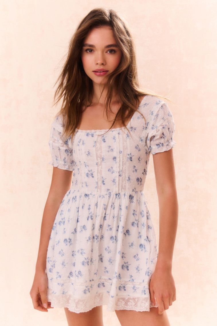 Girls light blue floral dress with gathered bodice, short puff sleeves