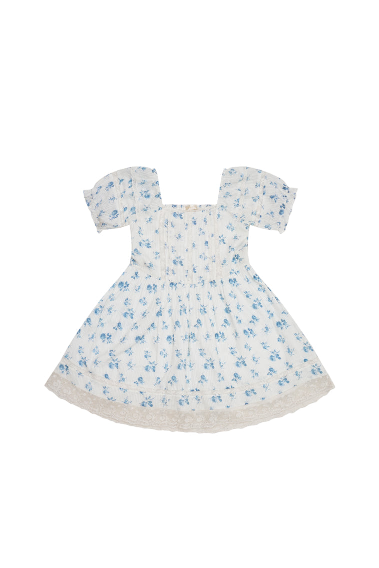 Girls light blue floral dress with short puff sleeves and gathered waist