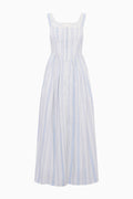 Light blue pinstripe cotton bustier midi dress with square neckline and thin straps