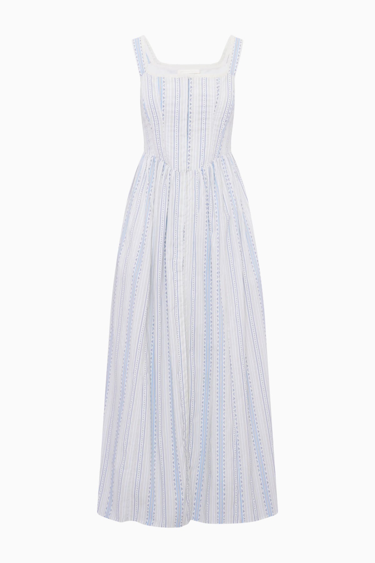 Light blue pinstripe cotton bustier midi dress with square neckline and thin straps