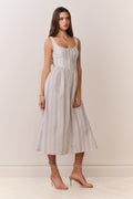 Light blue pinstripe cotton midi dress with square neck, fitted bodice, gathered waist