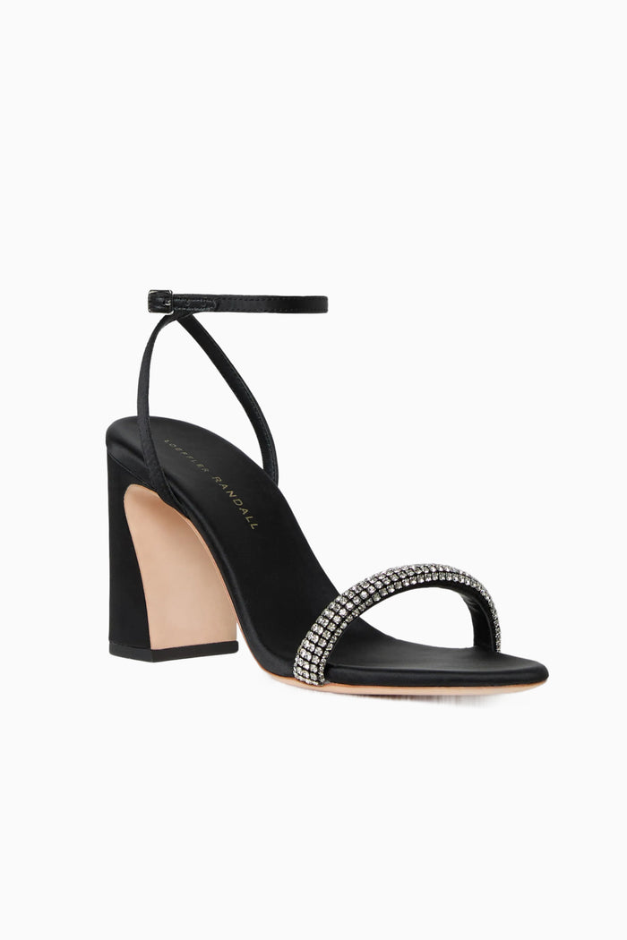 Black heeled T-strap sandals with jeweled toe strap and block heel