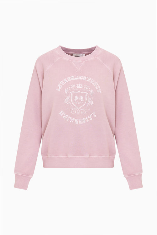 Dusty mauve university sweatshirt with crew neck and white chest graphic