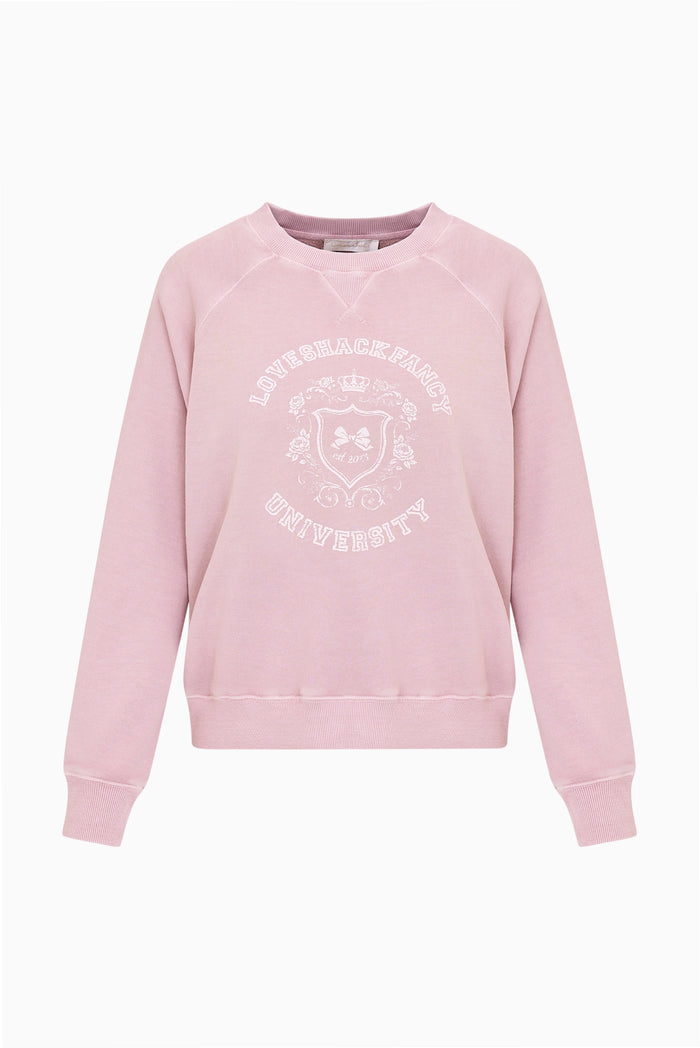 Dusty mauve university sweatshirt with crew neck and white chest graphic