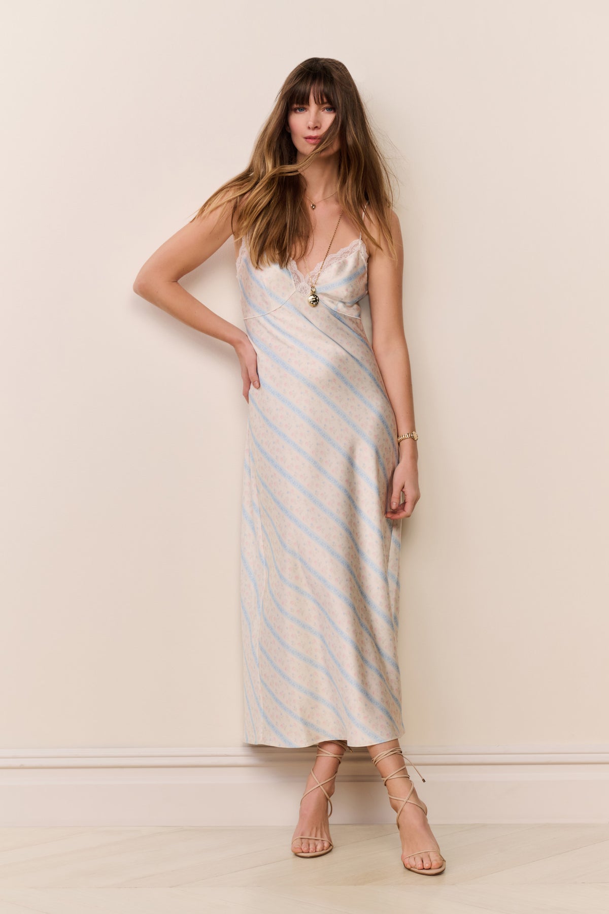 Light blue striped maxi slip dress with lace bust detail and thin straps