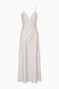 Light blue and white striped maxi slip dress with lace-trim V-neck and spaghetti straps
