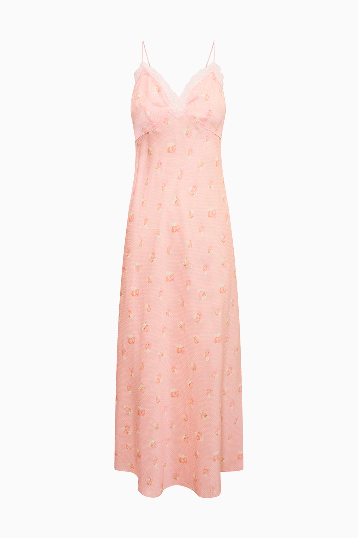 Pink maxi slip dress with spaghetti straps, lace trim, and tiny print.