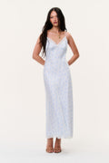 Light blue maxi slip dress with thin straps, lace-trim neckline and fitted bodice