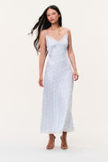 Light blue maxi slip dress with spaghetti straps and lace-trim bust, full-length view