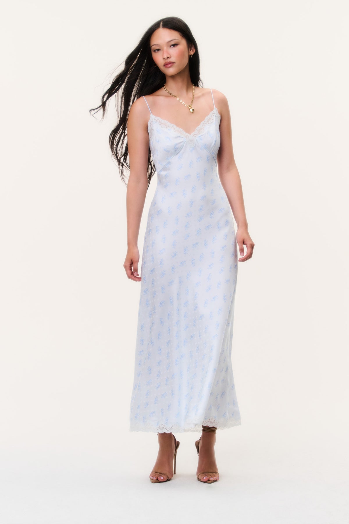 Light blue maxi slip dress with spaghetti straps and lace-trim bust, full-length view