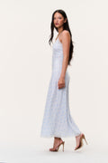 Light blue maxi slip dress with spaghetti straps, lace-trim neckline, side view