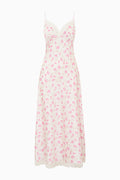 Maxi slip dress with pink floral print, lace-trim V-neck and spaghetti straps